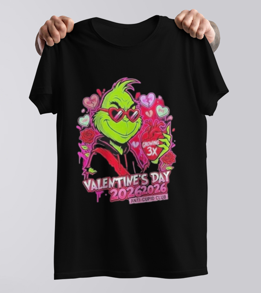 The Grinch Valentine's Day 2026 Anti Cupid Club Growing 3X Heart Funny Sarcastic Candy Hearts T-Shirt