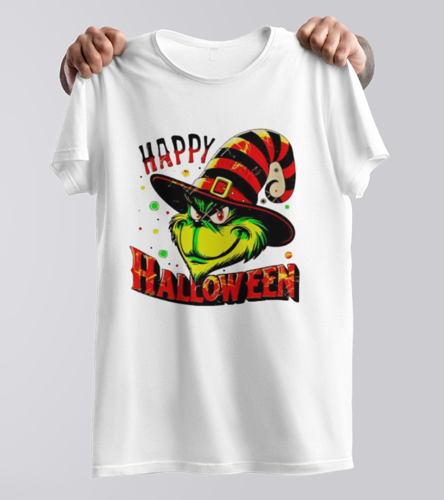 Happy Halloween Grinch Witch Hat Striped Festive T-Shirt