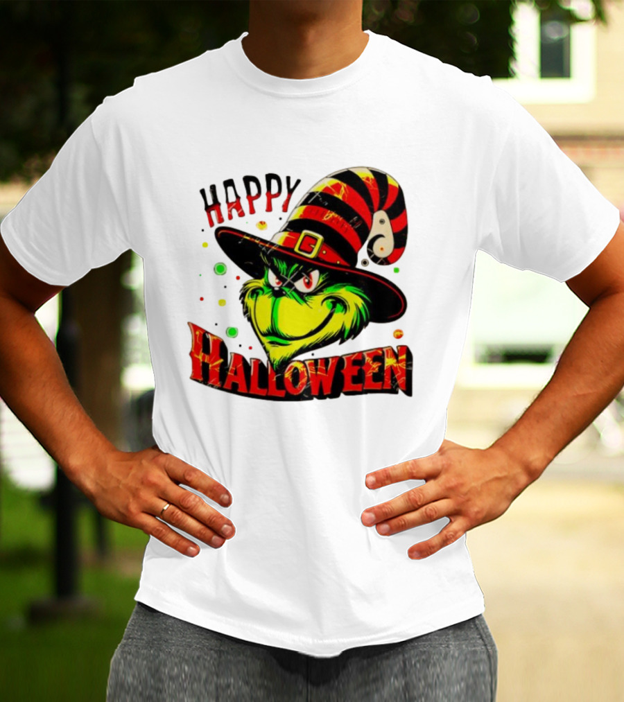 Happy Halloween Grinch Witch Hat Striped Festive T-Shirt