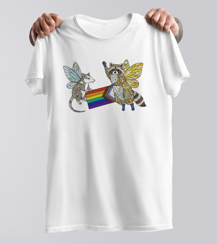LGBTQ Pride Flag Fairy Opossum And Raccoon With Wings T-Shirt