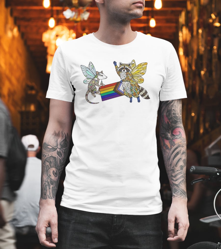 LGBTQ Pride Flag Fairy Opossum And Raccoon With Wings T-Shirt