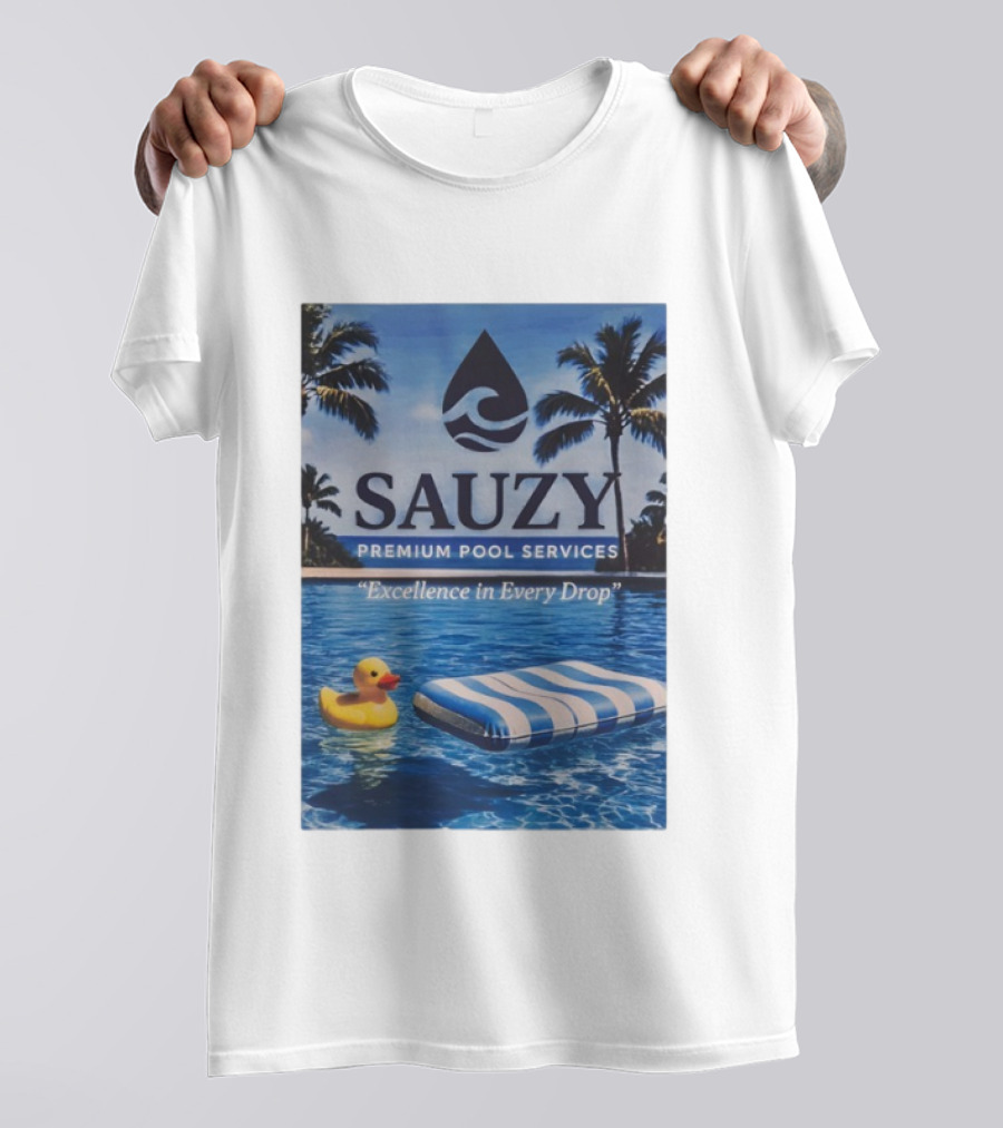 Sauzy Premium Pool Services Excellence In Every Drop Floating Fun With Duck And Lounger Palm Oasis T-Shirt