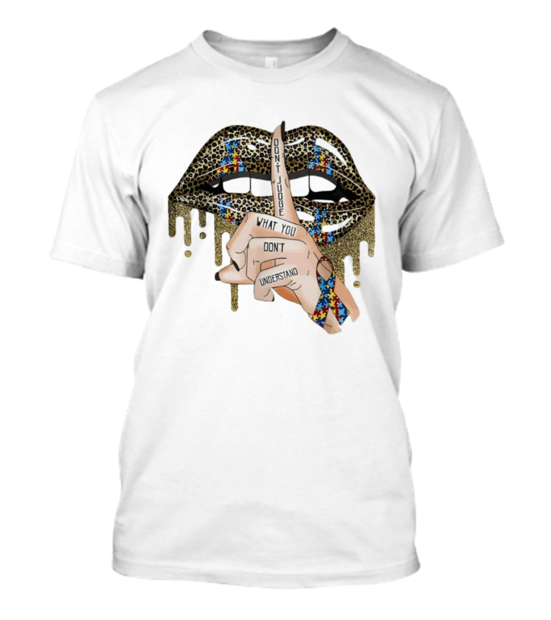Leopard Print Lips Silence Gesture Ribbon "Don't Judge What You Don't Understand T-Shirt