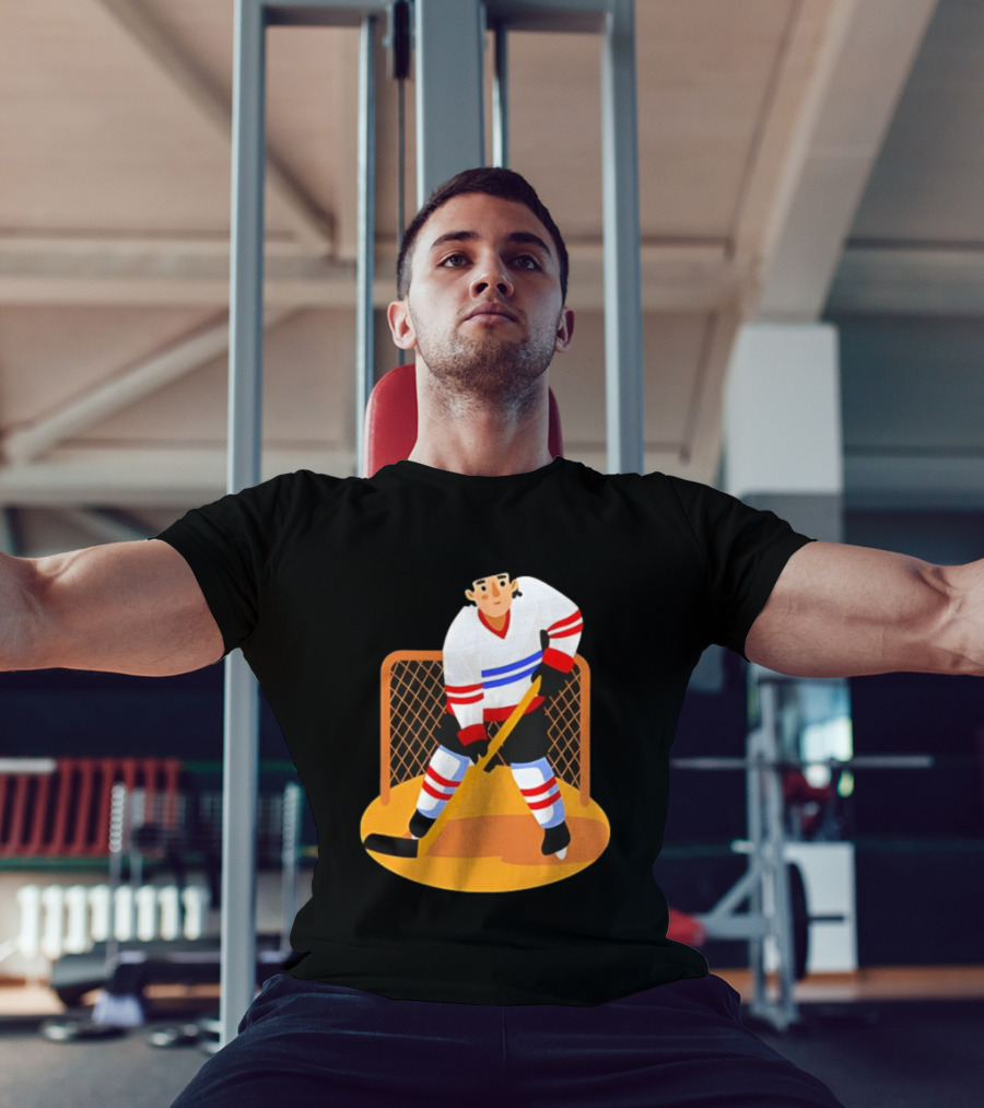 Ice Hockey Goalie In Action With Stick And Net Background T-Shirt