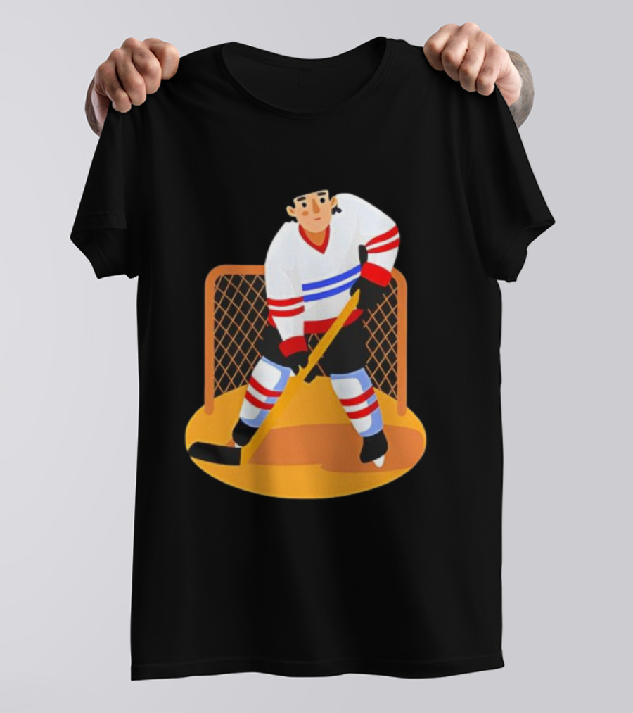 Ice Hockey Goalie In Action With Stick And Net Background T-Shirt