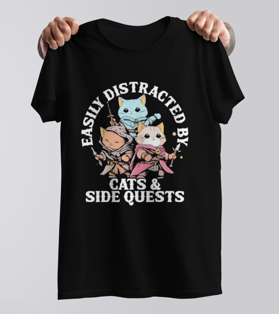 Easily Distracted By Cats And Side Quests Adventure Cats T-Shirt