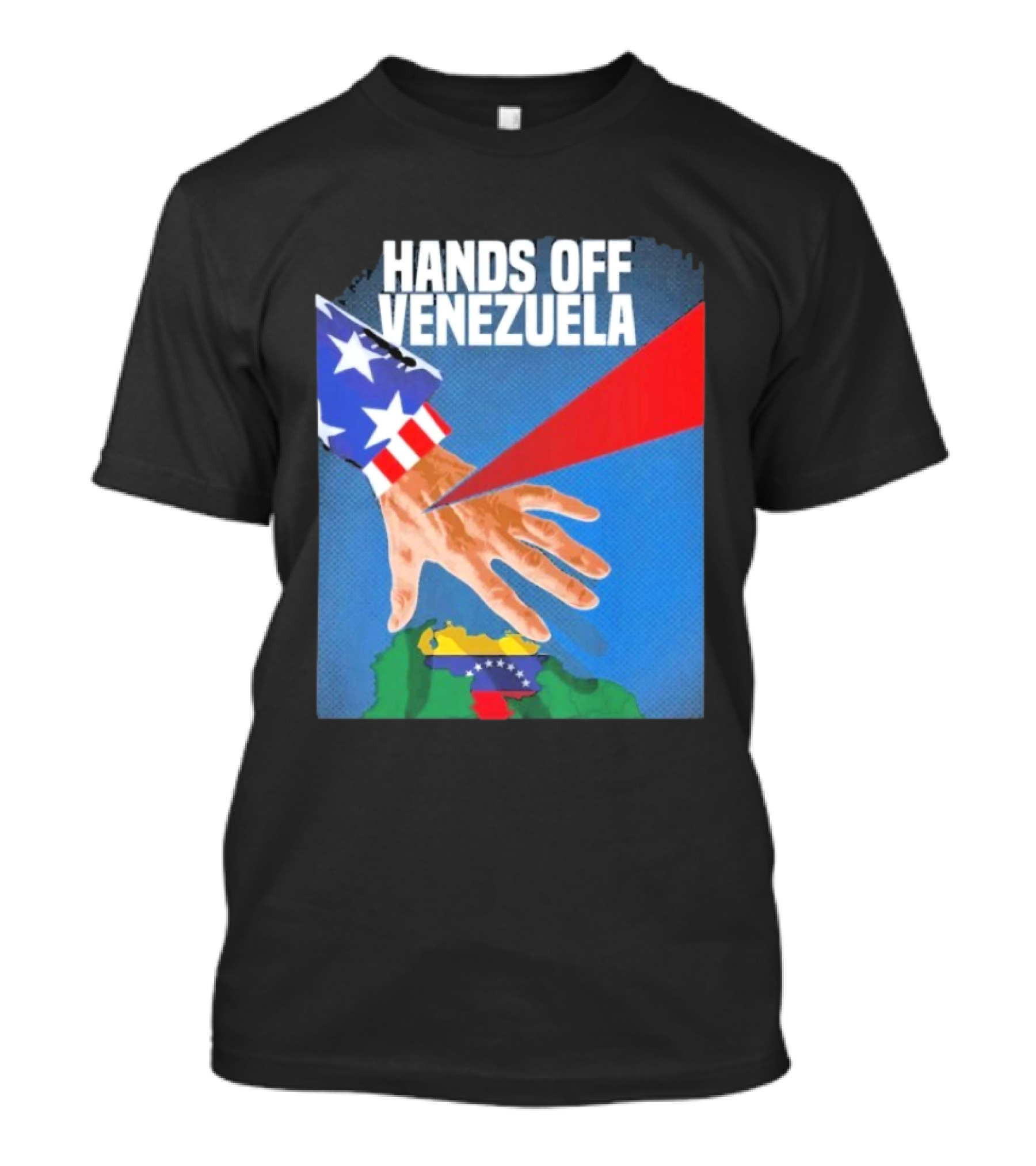 Hands Off Venezuela U.S. Imperialism Critique Featuring Venezuelan Flag And Map T-Shirt