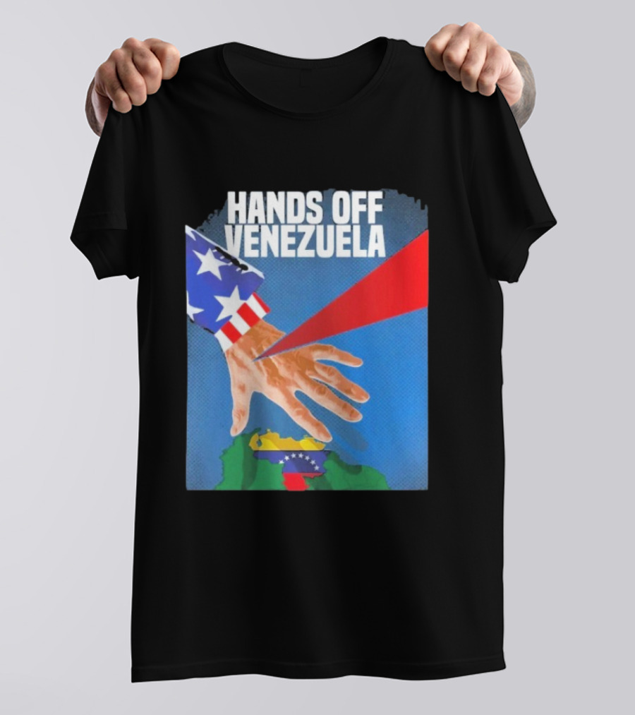 Hands Off Venezuela U.S. Imperialism Critique Featuring Venezuelan Flag And Map T-Shirt
