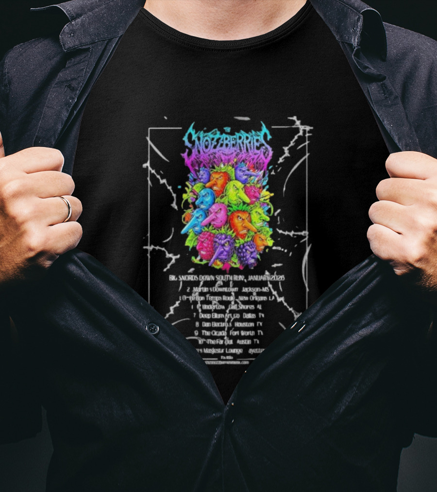 The Snozzberries Big Snords Down South Run Jan 2026 Tour Dates Colorful Creature Heads T-Shirt