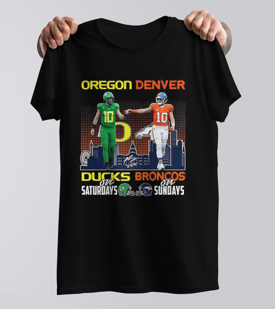 Oregon Ducks Saturdays Denver Broncos Sundays Bo Nix Signature Skyline T-Shirt