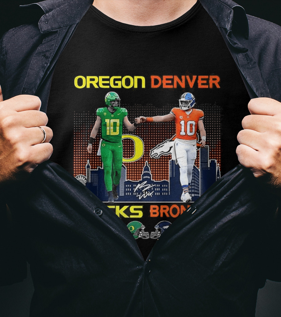 Oregon Ducks Saturdays Denver Broncos Sundays Bo Nix Signature Skyline T-Shirt