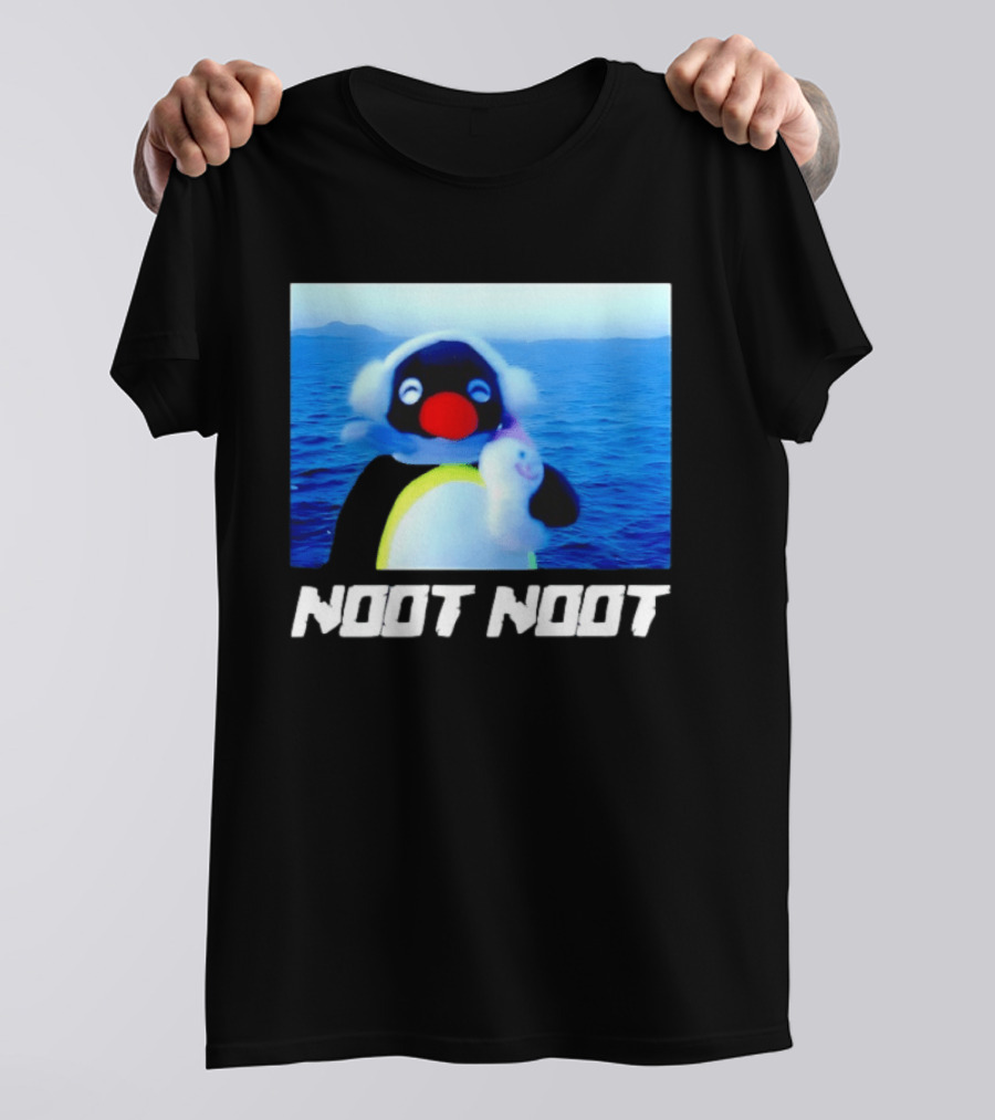 Noot Noot Penguin Holding Toy Ocean Background T-Shirt