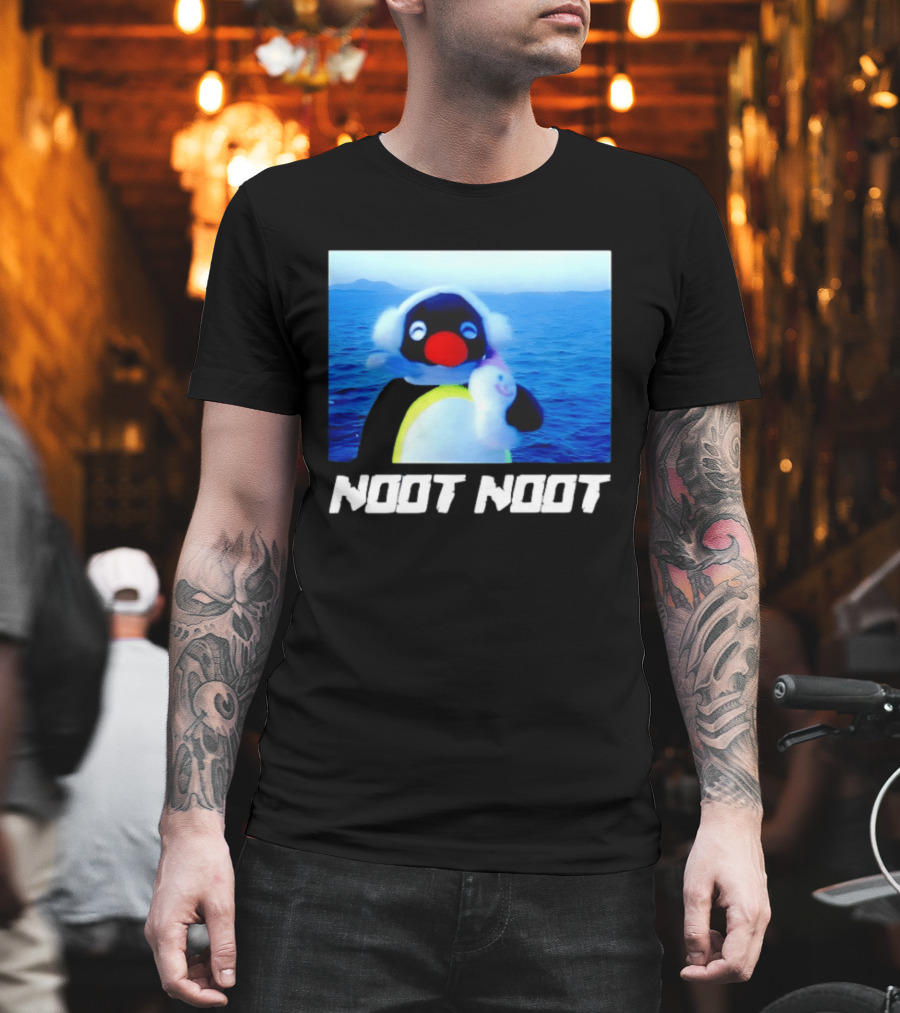 Noot Noot Penguin Holding Toy Ocean Background T-Shirt