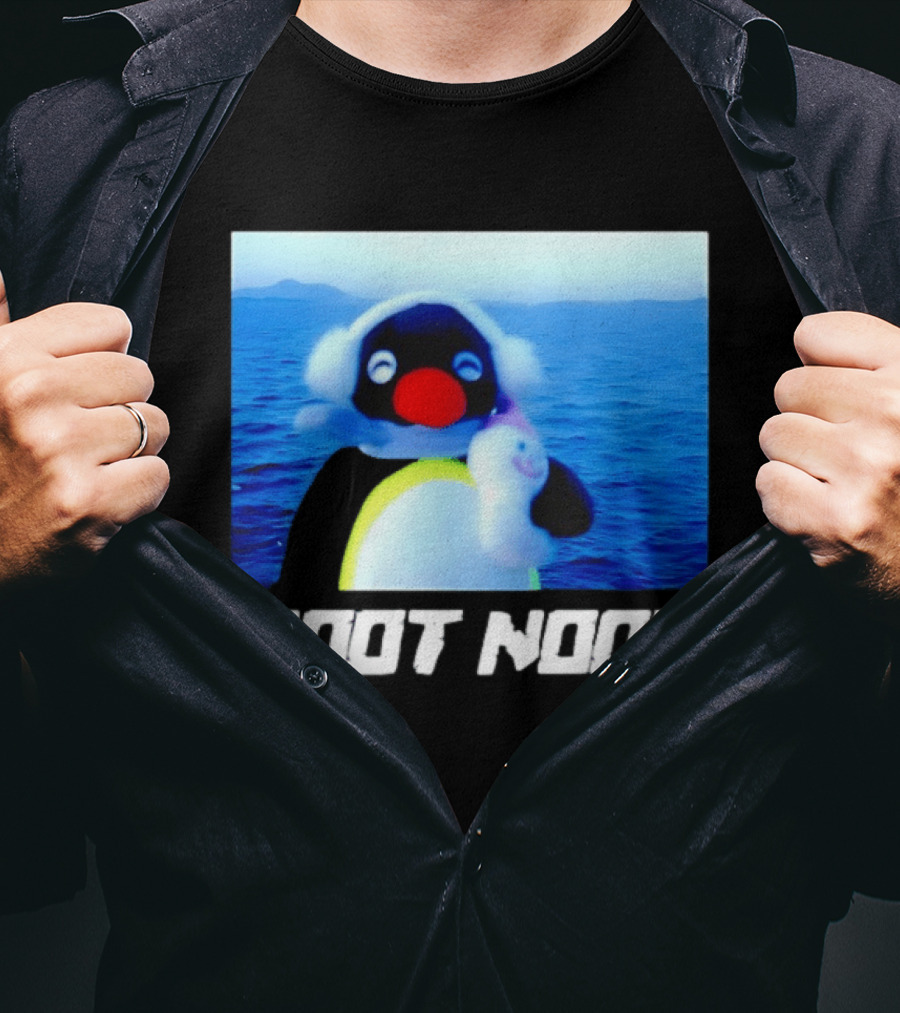 Noot Noot Penguin Holding Toy Ocean Background T-Shirt