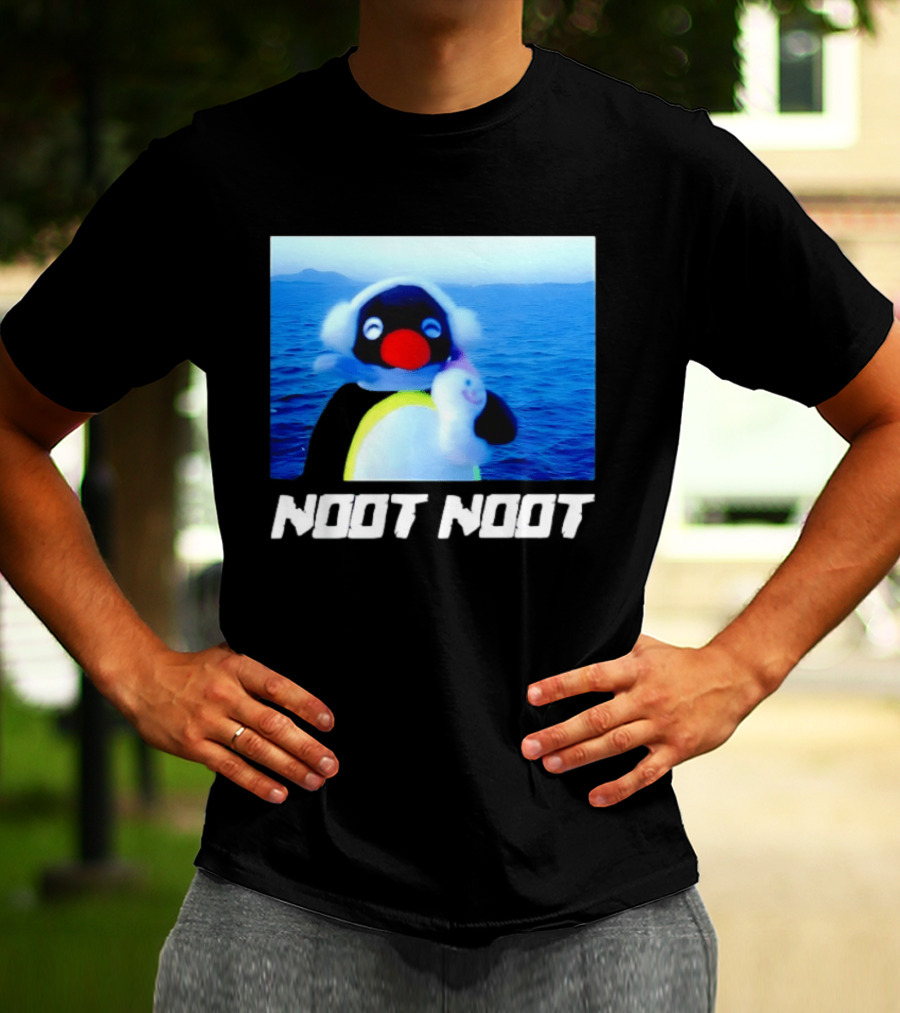 Noot Noot Penguin Holding Toy Ocean Background T-Shirt