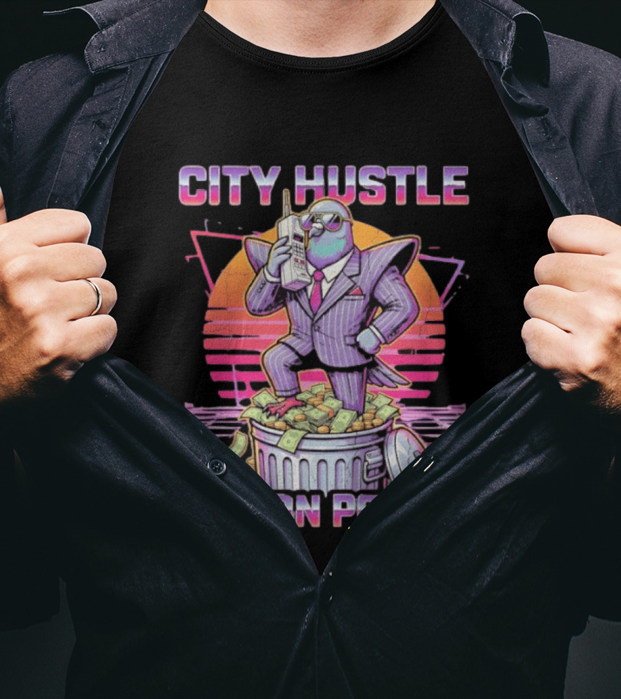 Pigeon Power City Hustle Funny Retro 80s Synthwave Suit Money Trash Can Telephone T-Shirt