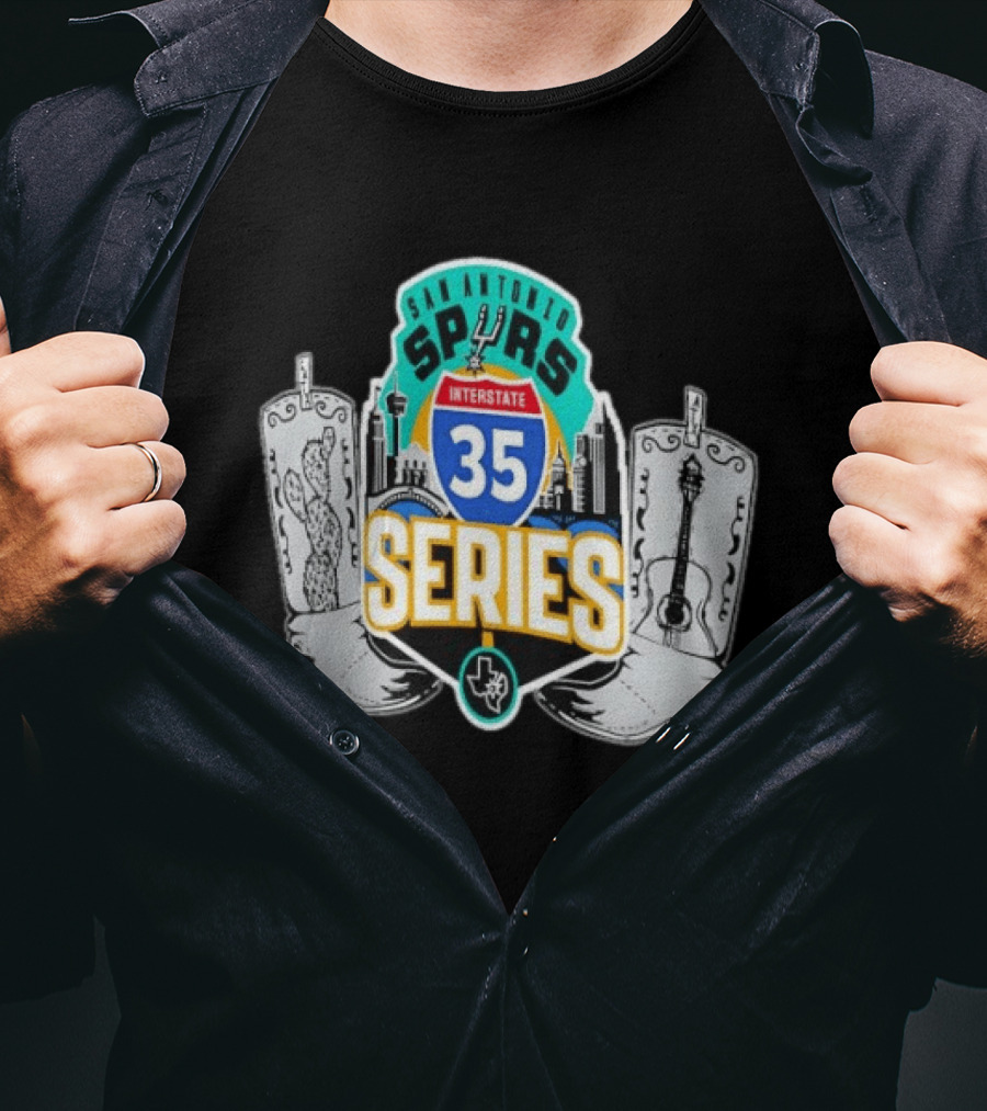 San Antonio Spurs Interstate 35 Series Cactus Guitar Boots Skyline T-Shirt