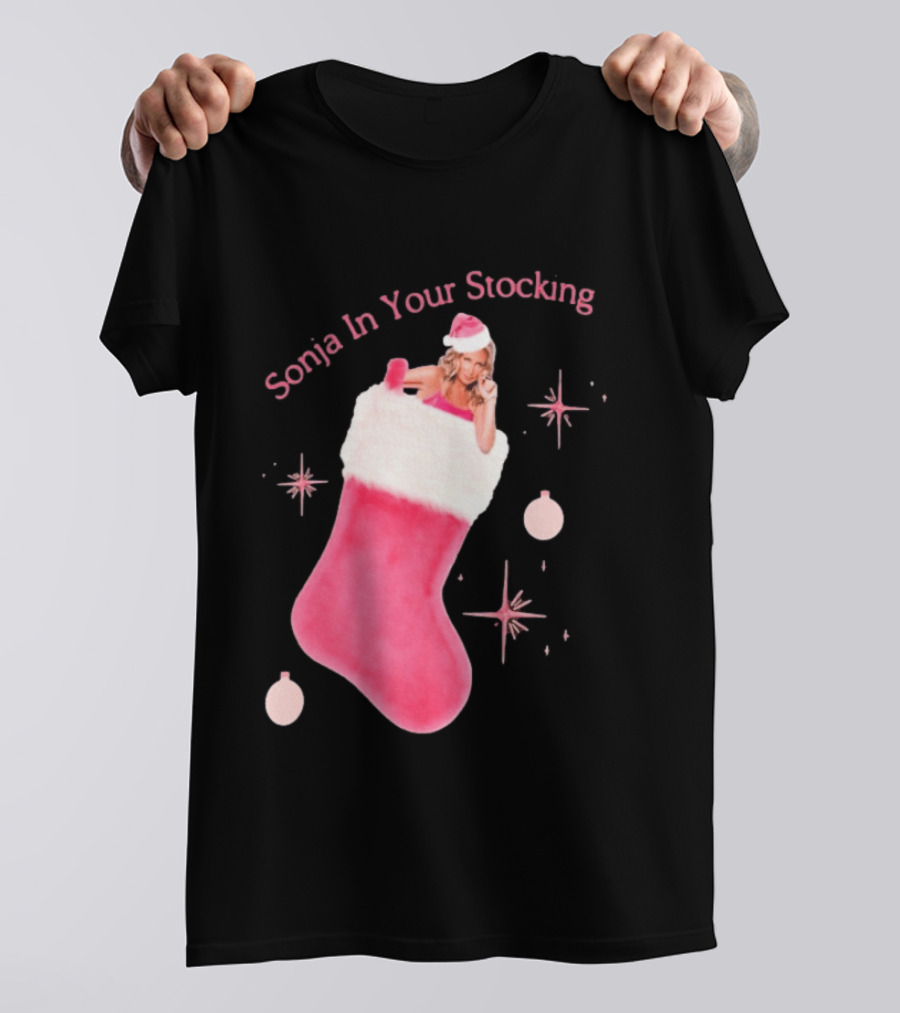 Sonja In Your Stocking Holiday Christmas Sox Pink Santa Hat Festive T-Shirt