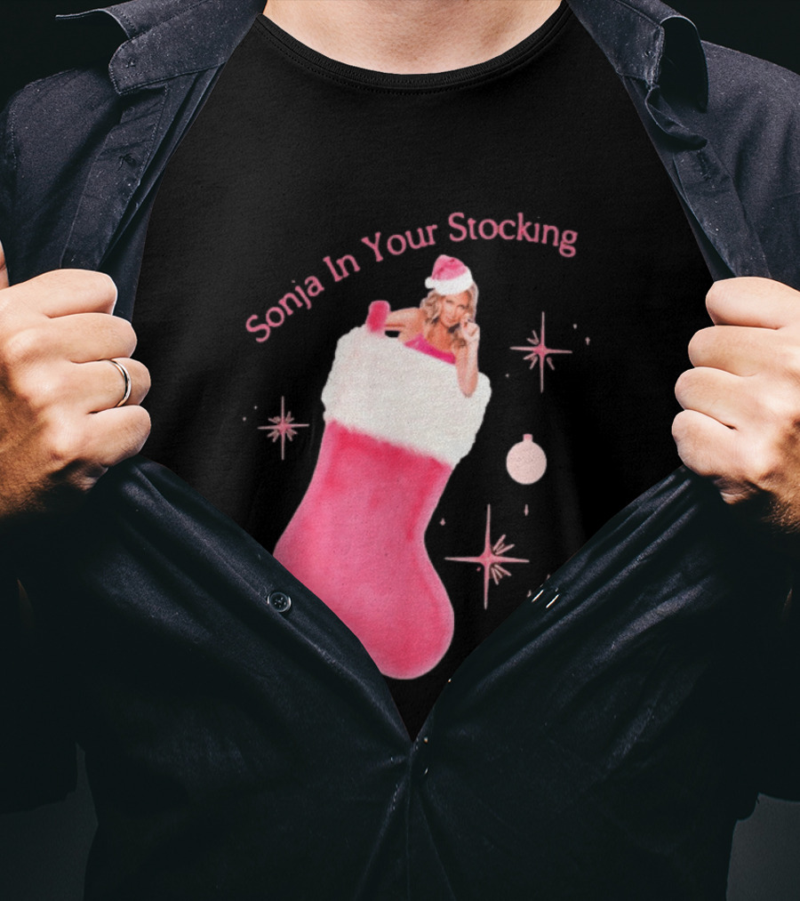 Sonja In Your Stocking Holiday Christmas Sox Pink Santa Hat Festive T-Shirt