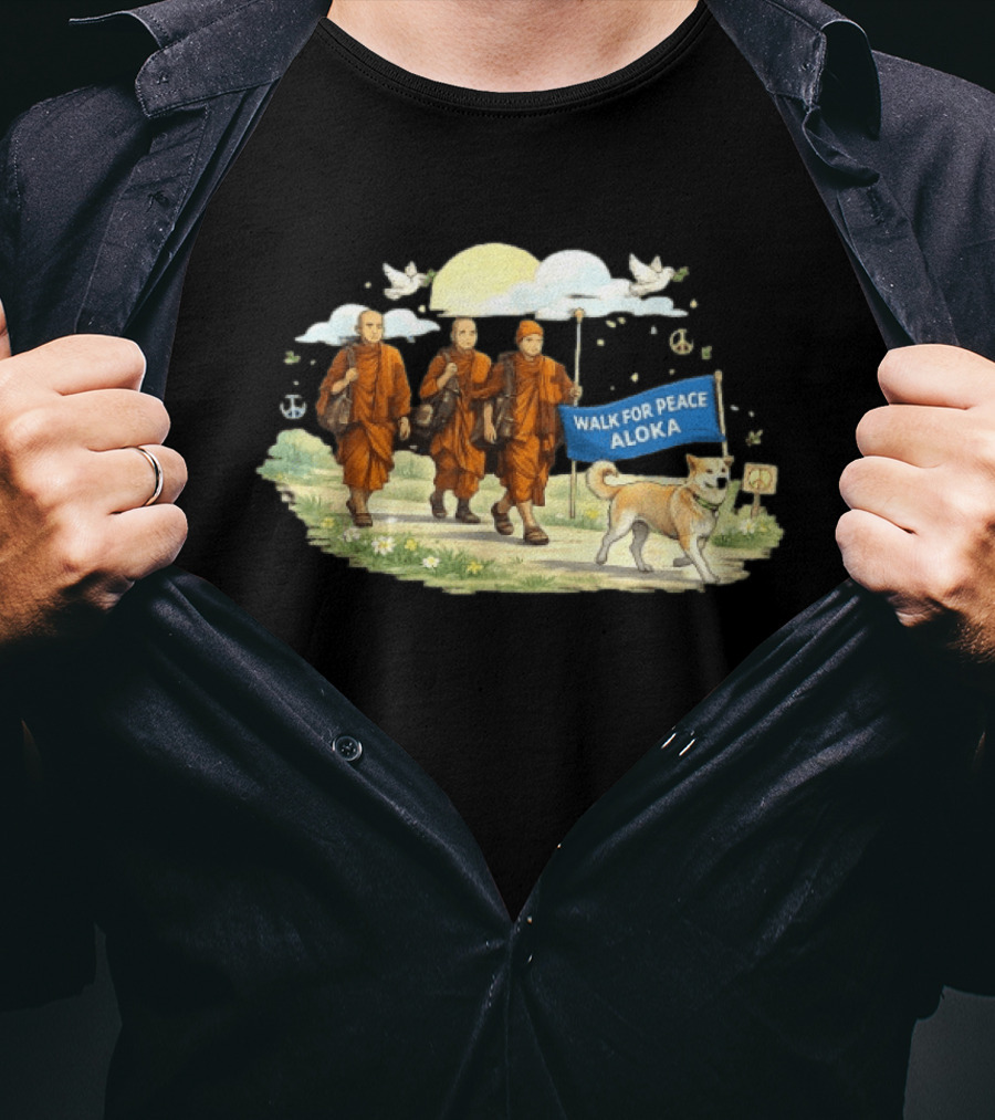 Walk For Peace Aloka Monks With Dog And Doves T-Shirt
