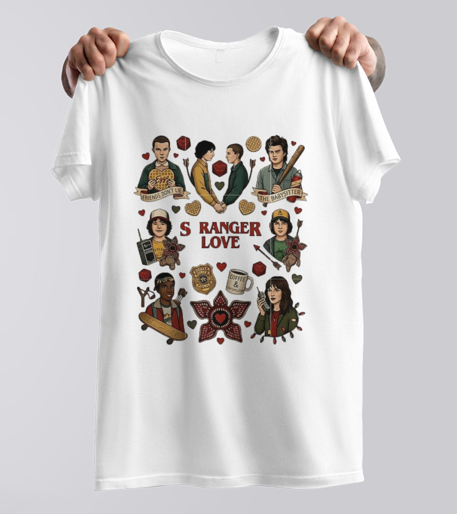 Stranger Love Friends Don't Lie Valentine's Day Babysitter Coffee Contemplation T-Shirt