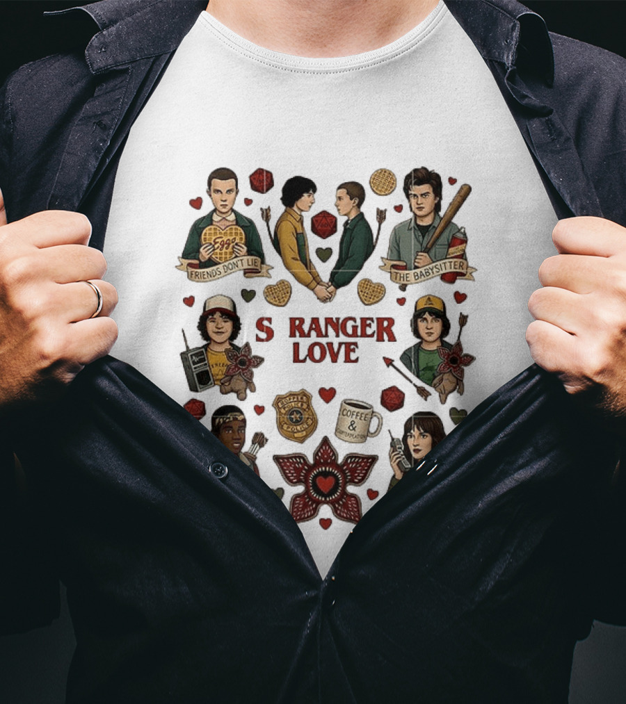 Stranger Love Friends Don't Lie Valentine's Day Babysitter Coffee Contemplation T-Shirt