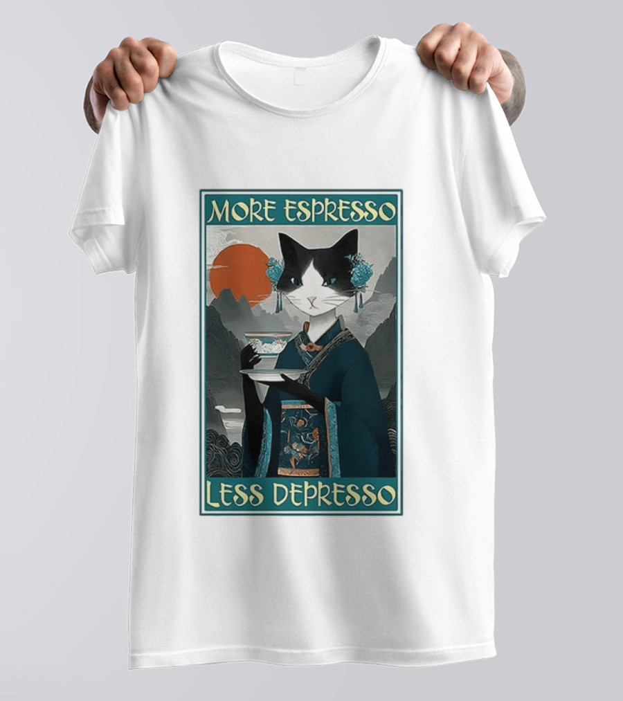 More Espresso Less Depresso Zen Barista Cat Ukiyo E T-Shirt
