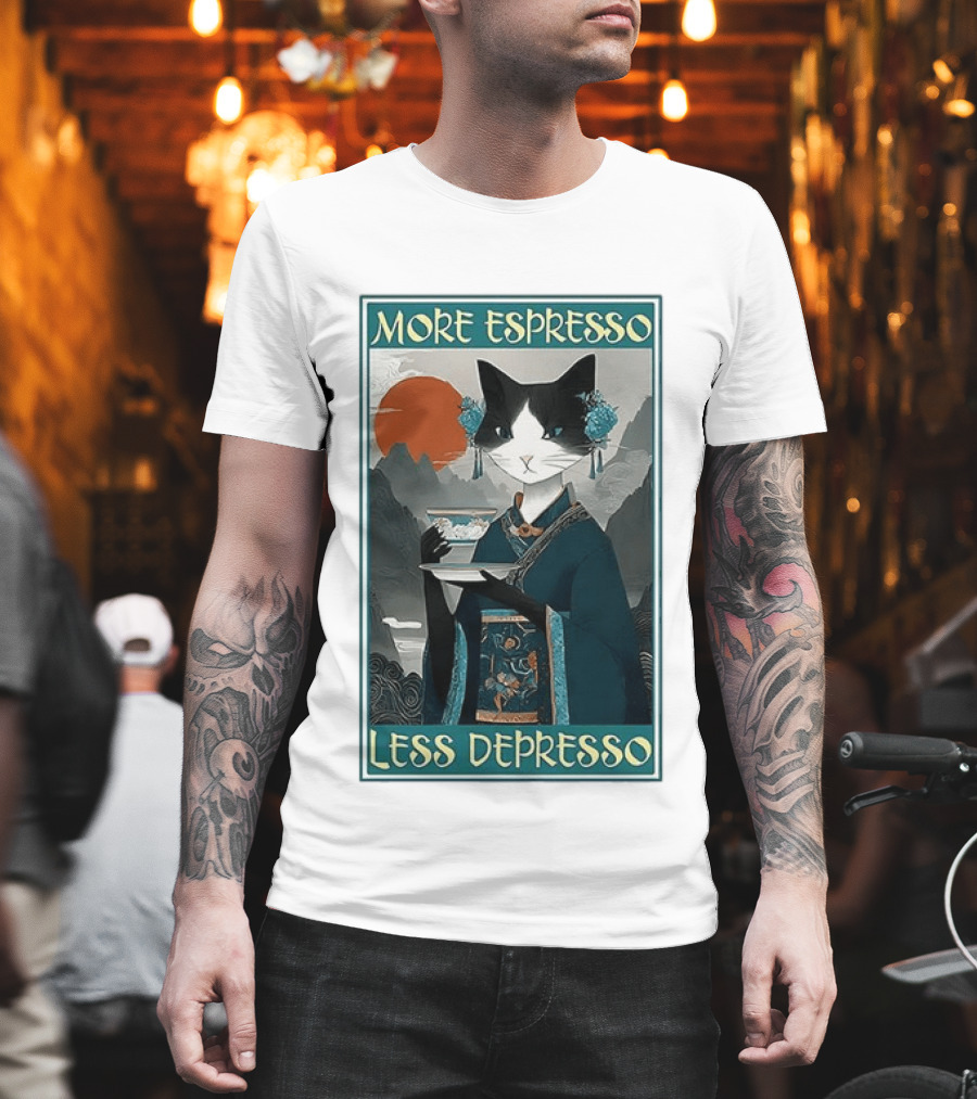 More Espresso Less Depresso Zen Barista Cat Ukiyo E T-Shirt