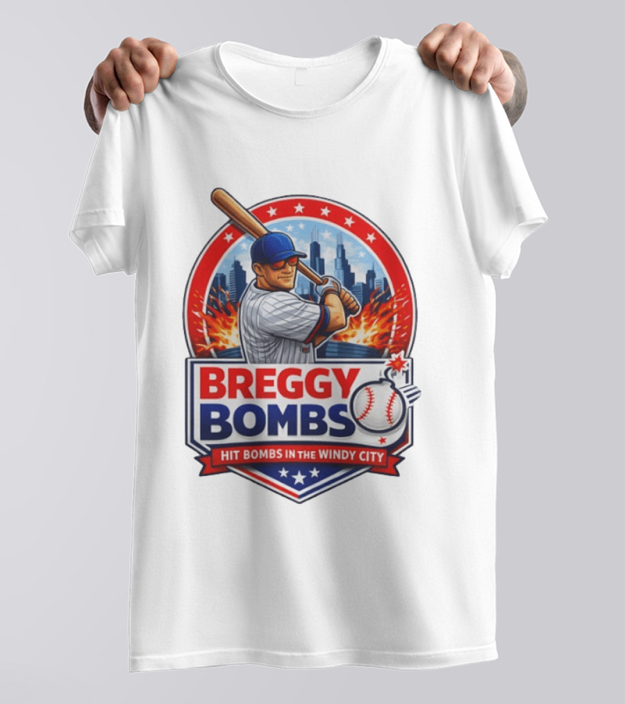 Breggy Bombs Hit Bombs In The Windy City Baseball Power Chicago Skyline Fireworks T-Shirt