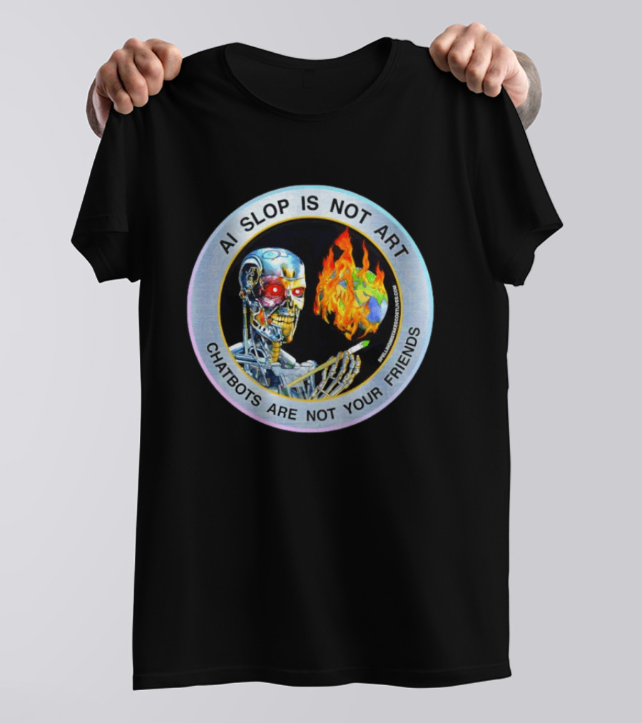 AI Slop Is Not Art Chatbots Are Not Your Friends Cyborg Painting Flames T-Shirt