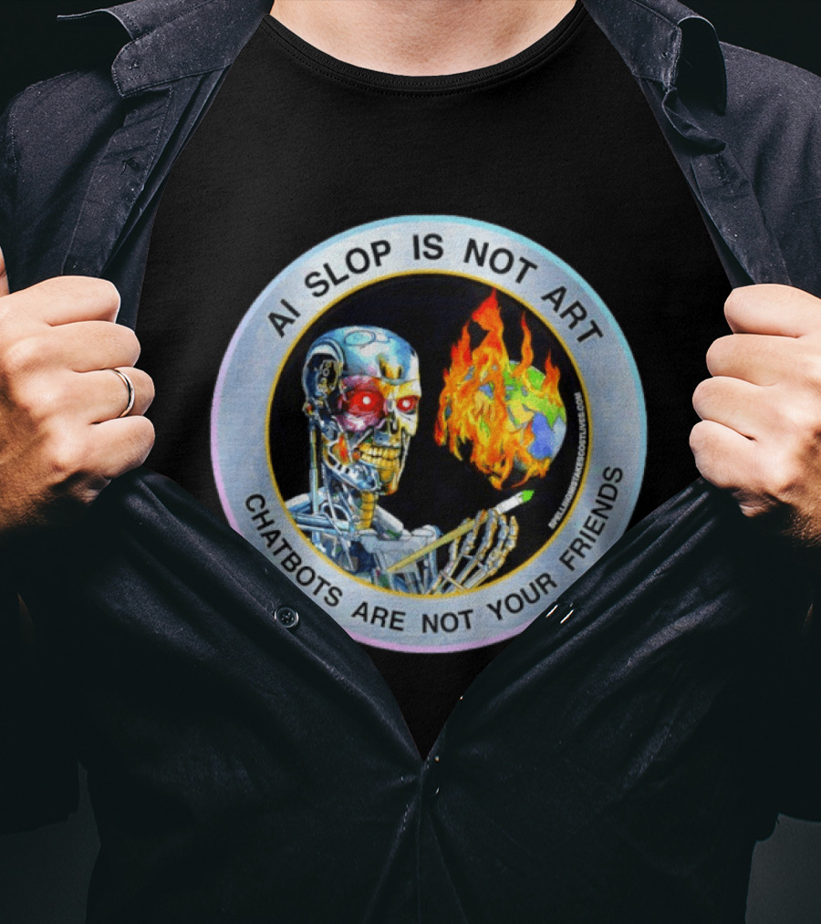 AI Slop Is Not Art Chatbots Are Not Your Friends Cyborg Painting Flames T-Shirt