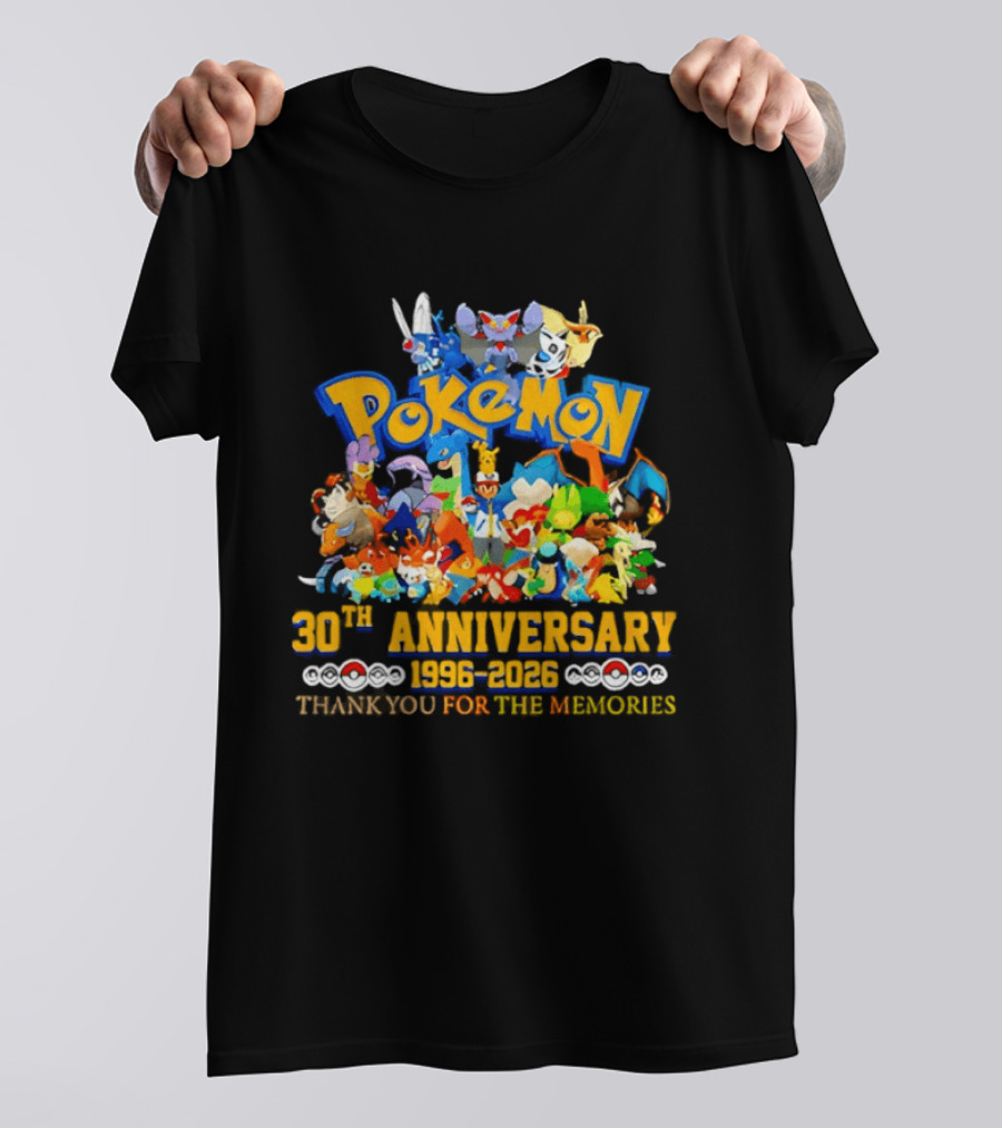 Pokémon 30th Anniversary 1996 2026 Pikachu Mewtwo Eevee Mew Dragonite Snorlax Thank You For The Memories T-Shirt