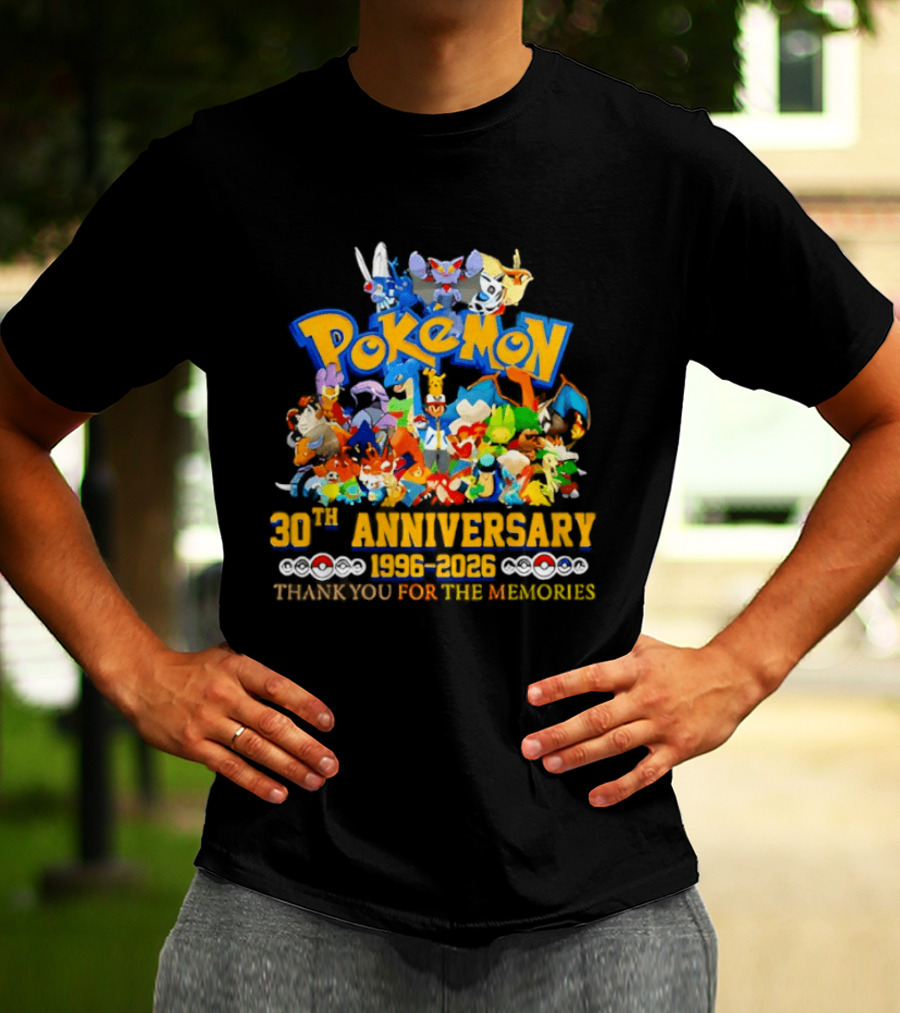 Pokémon 30th Anniversary 1996 2026 Pikachu Mewtwo Eevee Mew Dragonite Snorlax Thank You For The Memories T-Shirt