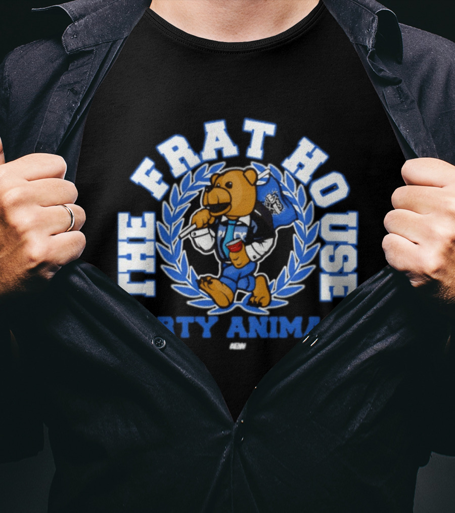 The Frat House Party Animals Beer Bear Drinking In Blue College Jacket T-Shirt