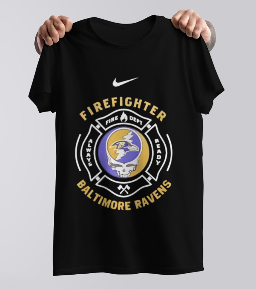 Nike Baltimore Ravens Grateful Dead Firefighter Ravens Heads SFDNY Station 26 Engine 58 T-Shirt