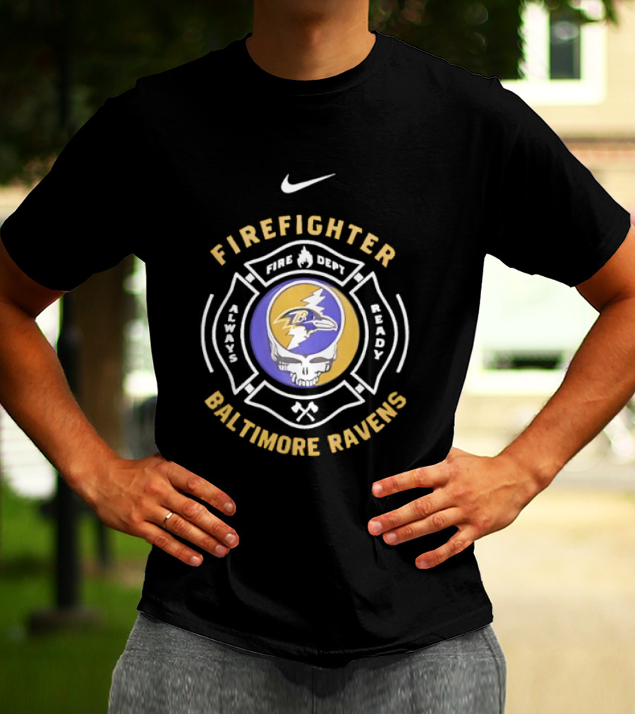 Nike Baltimore Ravens Grateful Dead Firefighter Ravens Heads SFDNY Station 26 Engine 58 T-Shirt