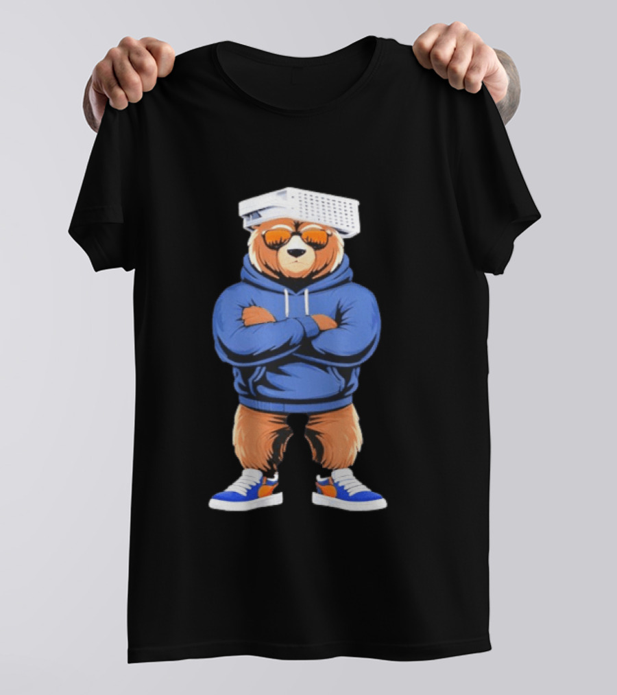 Bear With Cheese Grater Hat And Cool Sunglasses In Blue T-Shirt