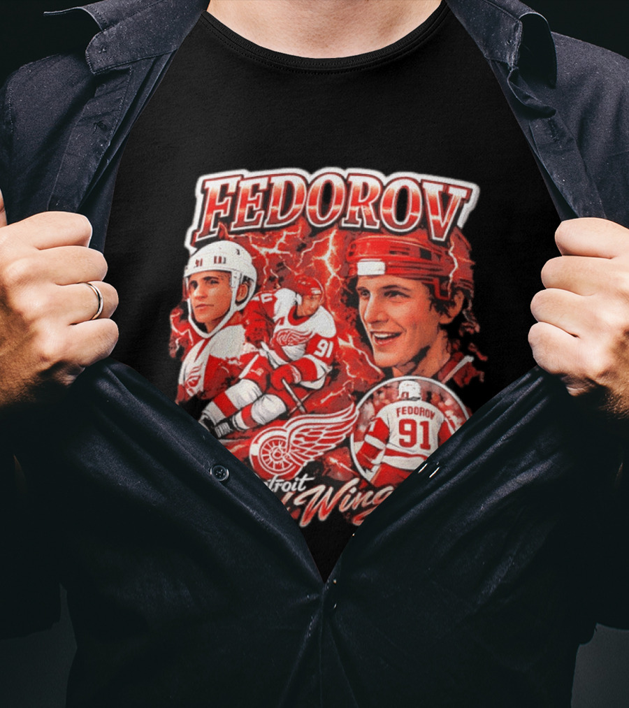 Fedorov 91 Detroit Red Wings Vintage Hockey Hero T-Shirt