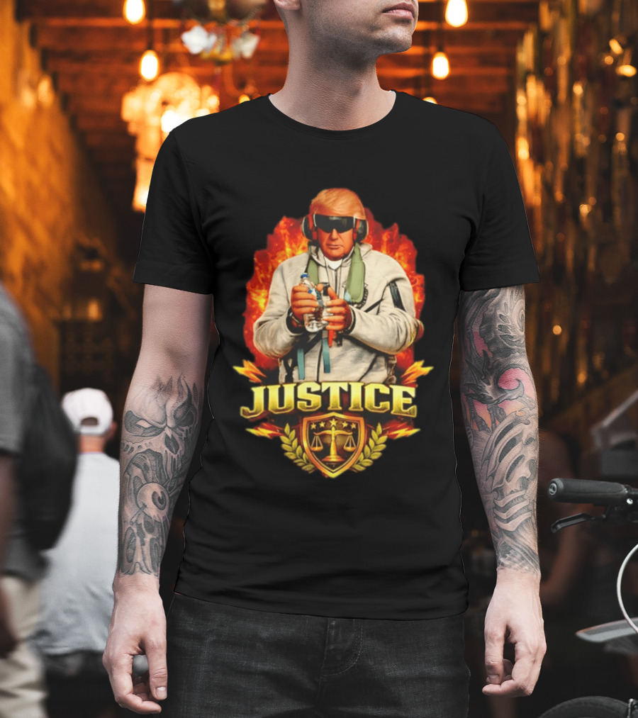 Justice Trump Flaming Background Holding Water Scales Of Justice T-Shirt