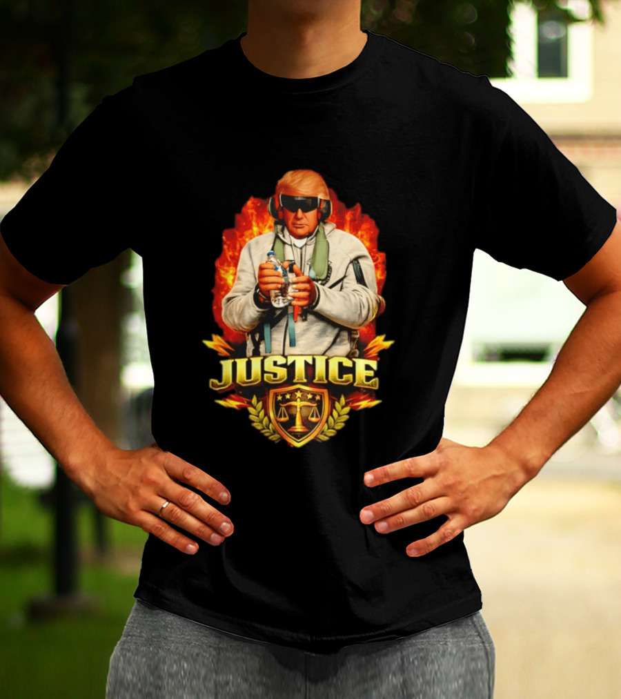 Justice Trump Flaming Background Holding Water Scales Of Justice T-Shirt