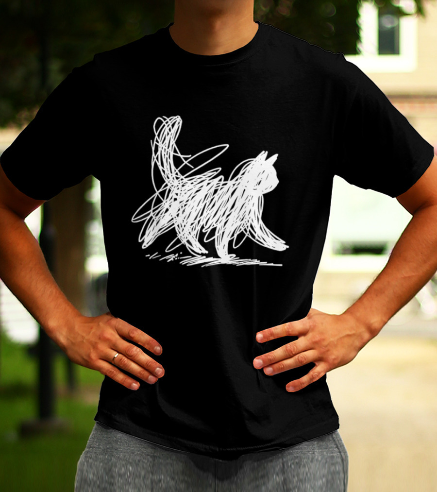 Scribble Cat Minimal Line Art Japanese T-Shirt