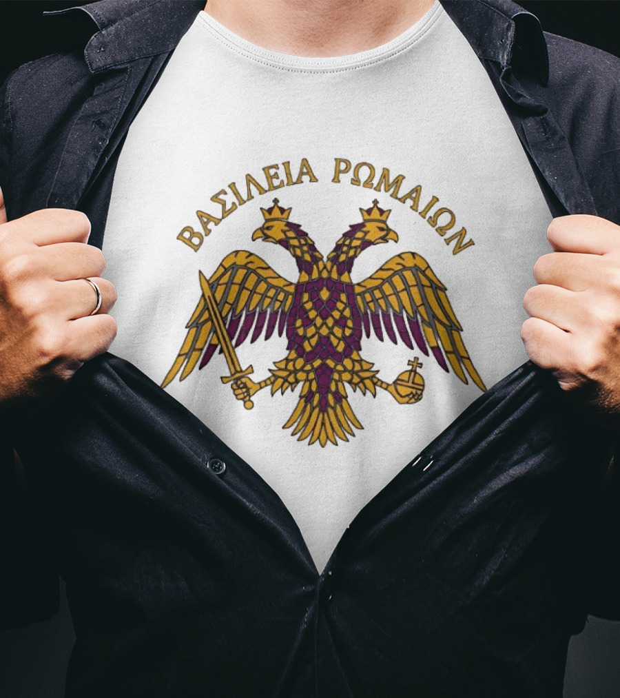 ΒΑΣΙΛΕΙΑ ΡΩΜΑΙΩΝ Byzantine Double Headed Eagle Symbol Greek Orthodox Heritage T-Shirt