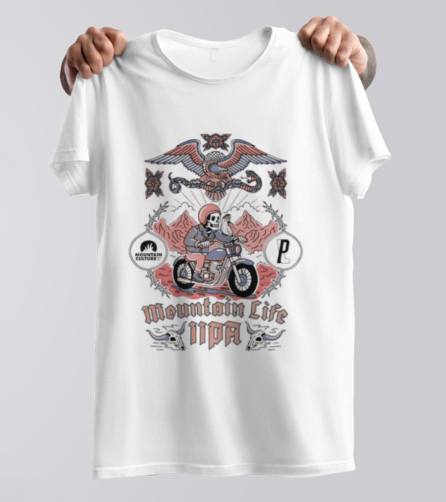 Mountain Life IIPA Skeleton Riding Motorcycle Under Eagle T-Shirt