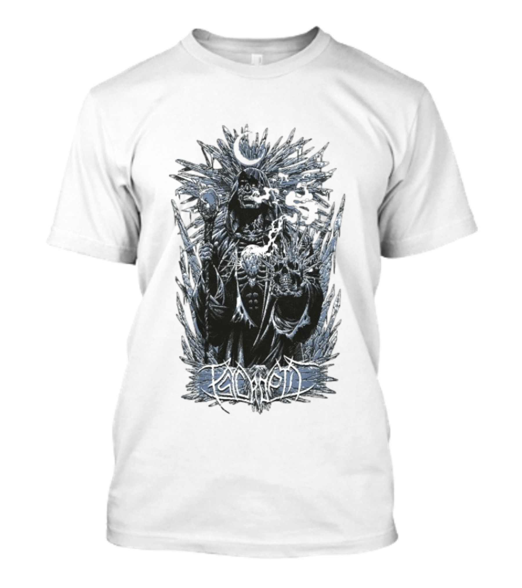 Psycroptic Ice Demon Moonlit Sorcerer Holding Crystal Staff And Skull T-Shirt