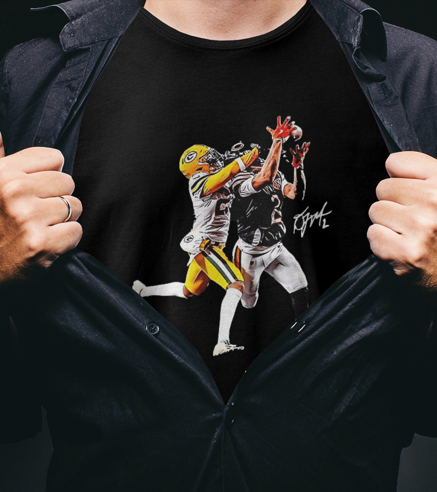 Caleb Williams Carrington Valentine Green Bay Football Action T-Shirt