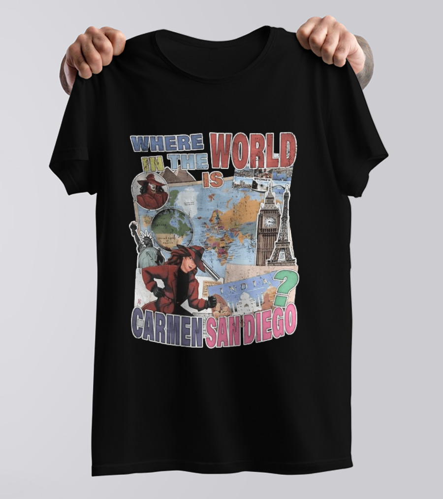 Where In The World Is Carmen Sandiego Map And Landmarks Collage T-Shirt