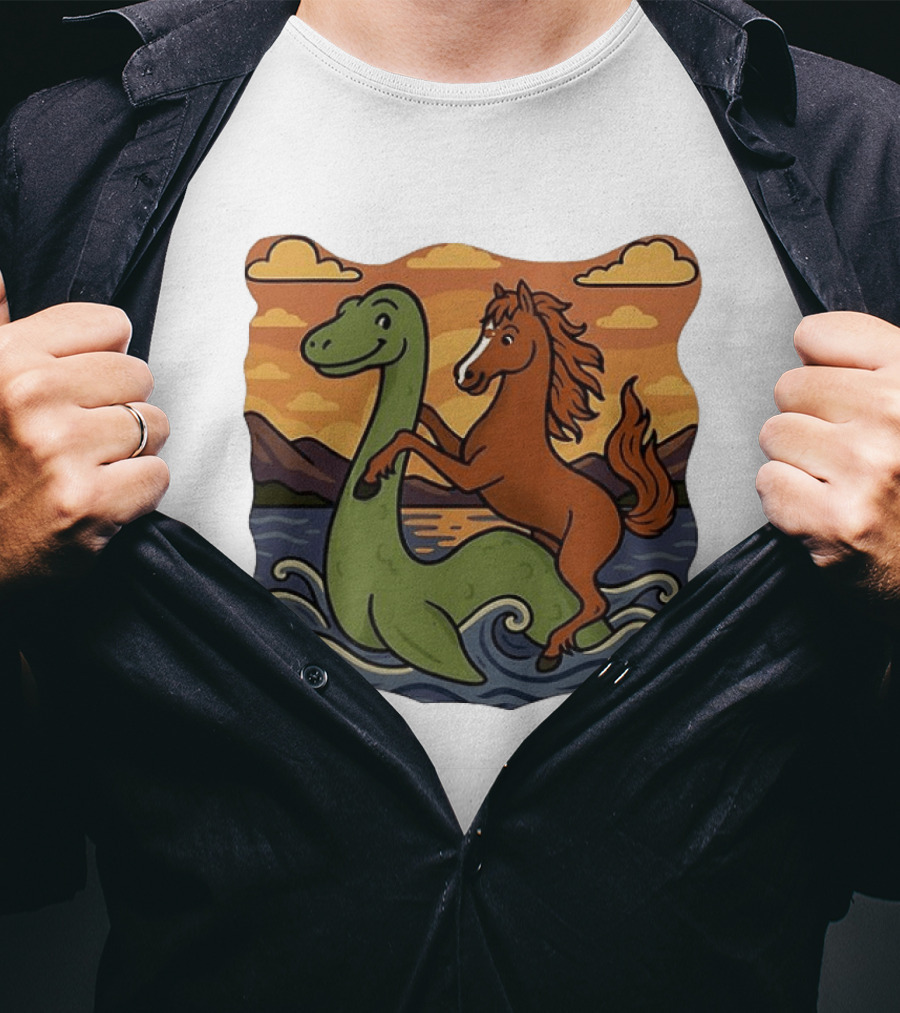 Playful Horse Riding Loch Ness Monster At Sunset Scene T-Shirt