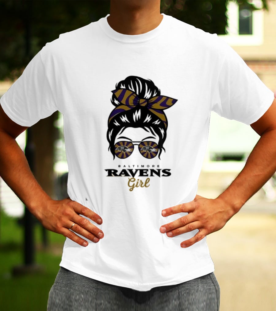 Baltimore Ravens Girl Messy Bun Glasses Bow Fan Gear T-Shirt