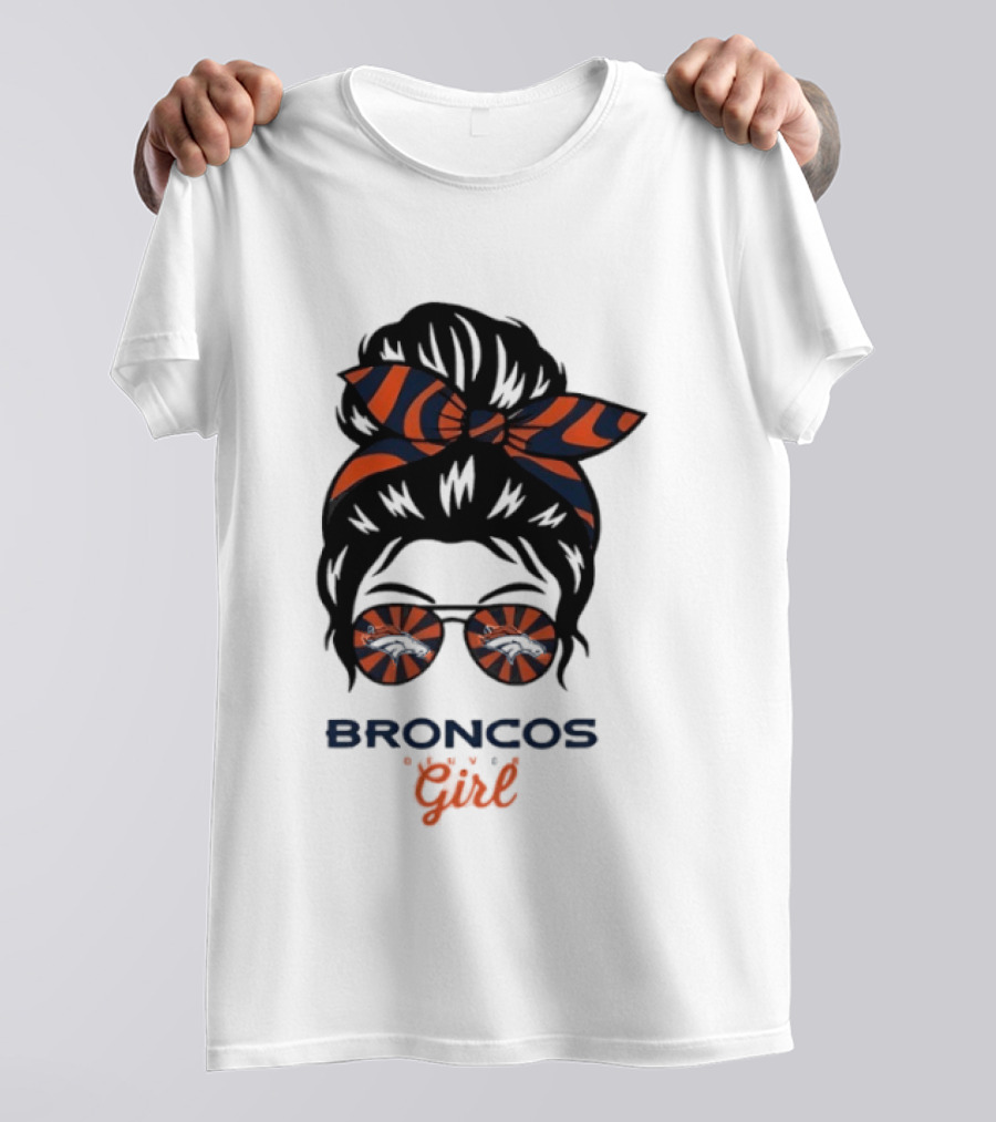 Broncos Girl Messy Bun Glasses And Bow T-Shirt