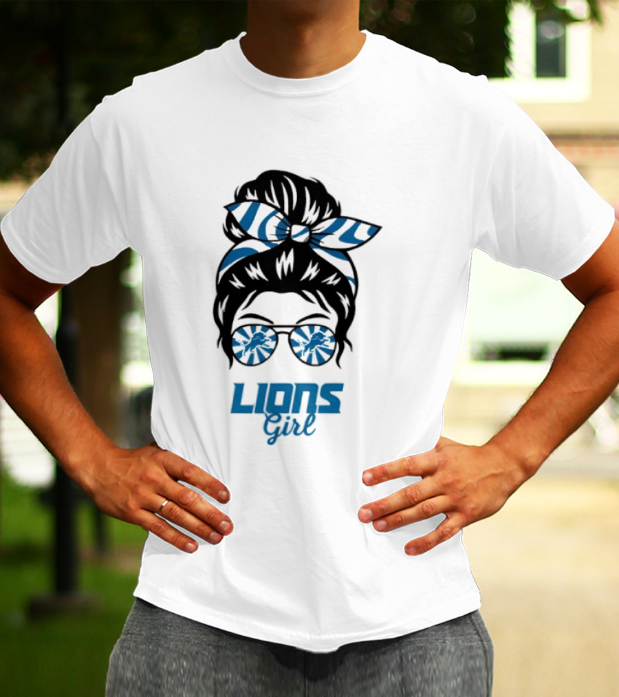 Detroit Lions Girl Glasses Messy Bun T-Shirt